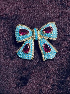 Gold-Tone Turquoise & Ruby Bow Brooch - Women Jewelry
